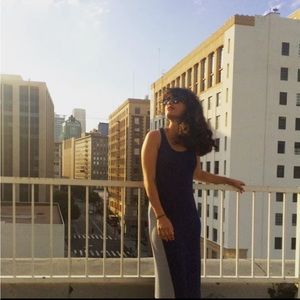 Sleeveless navy white striped side panel stretchy dress